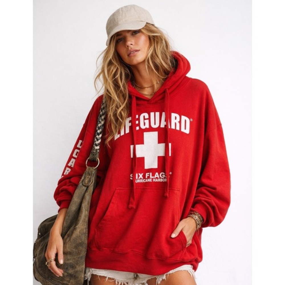 Six Flags Hurricane Harbor Red Lifeguard Hoodie Sweatshirt Unisex Size L‎